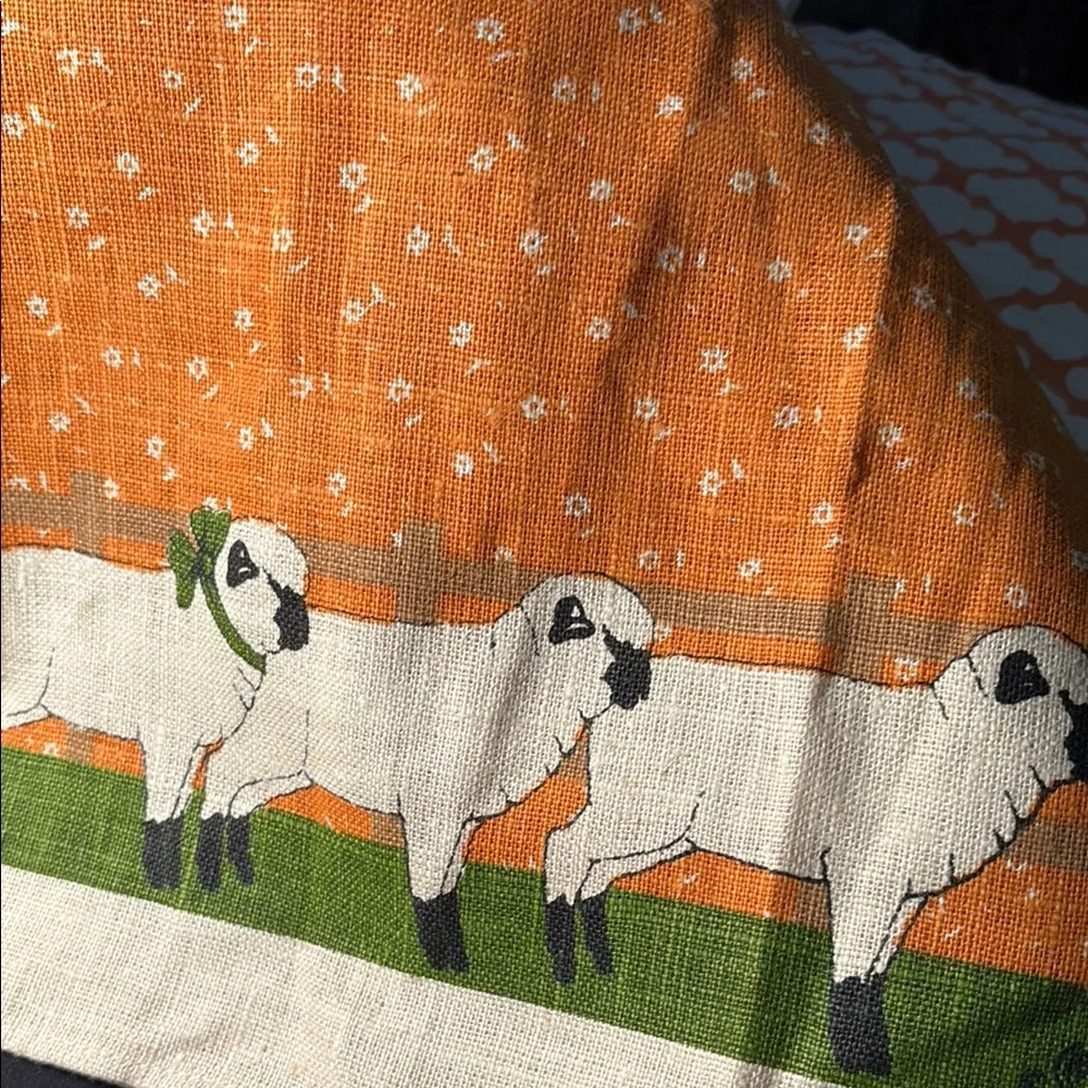 Pure Linen‎ Sheep Design Tea Towel - Orange and Green 100